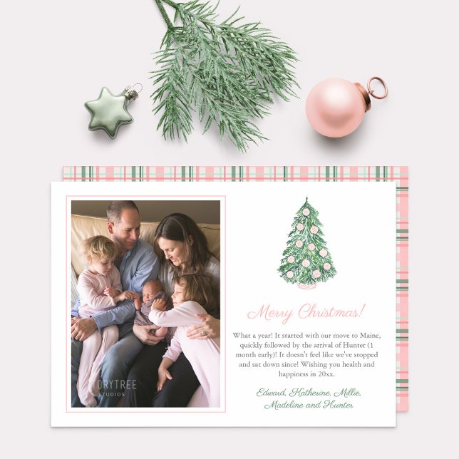 Aquarell Pink Chinoiserie Frohe Weihnachten Foto (Sweet pink chinoiserie decorated holidays tree & space for family photo. Pink / green plaid reverse)