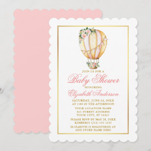 Aquarell Pink Floral Ballon Baby Dusche Gold Einladung