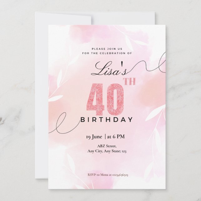 Aquarell Pink Glitzer 40. Geburtstag Einladung (Vorderseite)