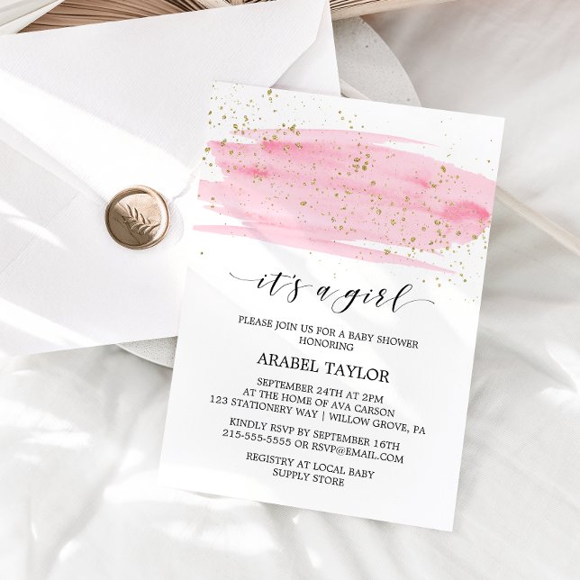 Aquarell Pink & Gold Es ist eine Girl Baby Dusche Einladung (Von Creator hochgeladen)