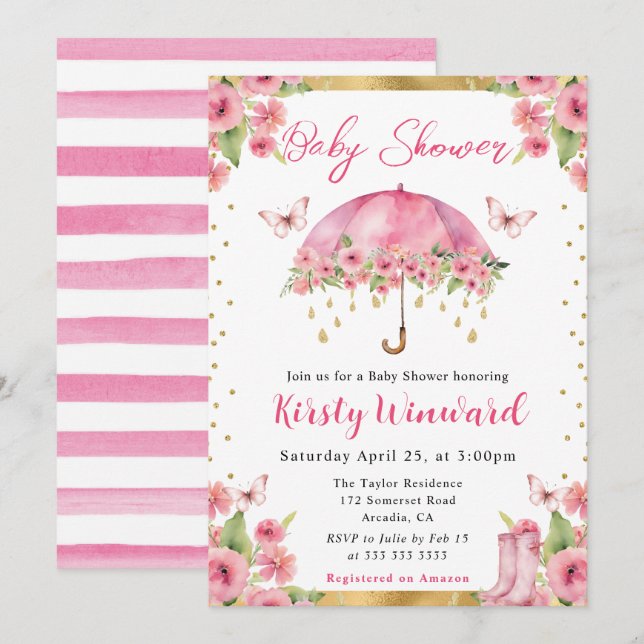 Aquarell Pink Gold Frühlingsschirm Babydusche Einladung (Vorne/Hinten)