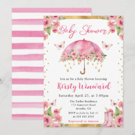 Aquarell Pink Gold Frühlingsschirm Babydusche Einladung