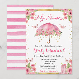 Aquarell Pink Gold Frühlingsschirm Babydusche Einladung