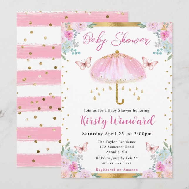 Aquarell Pink Gold Frühlingsschirm Babydusche Einladung (Vorne/Hinten)
