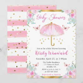 Aquarell Pink Gold Frühlingsschirm Babydusche Einladung