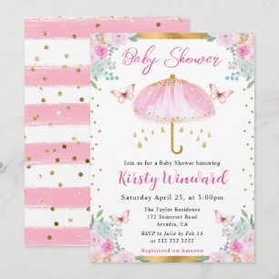 Aquarell Pink Gold Frühlingsschirm Babydusche Einladung