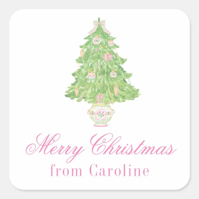 Aquarell Pink & Green Weihnachtsginger Jar Tree Quadratischer Aufkleber (Vorderseite)
