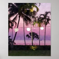 Aquarell Pink Palm Tropical Beach Sonnenuntergang 