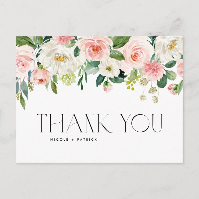 Aquarell Pink Peach Floral Garland Vielen Dank Postkarte (Vorderseite)