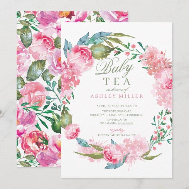 Aquarell Pink Peonies Babydusche Tee Einladung (Vorne/Hinten)