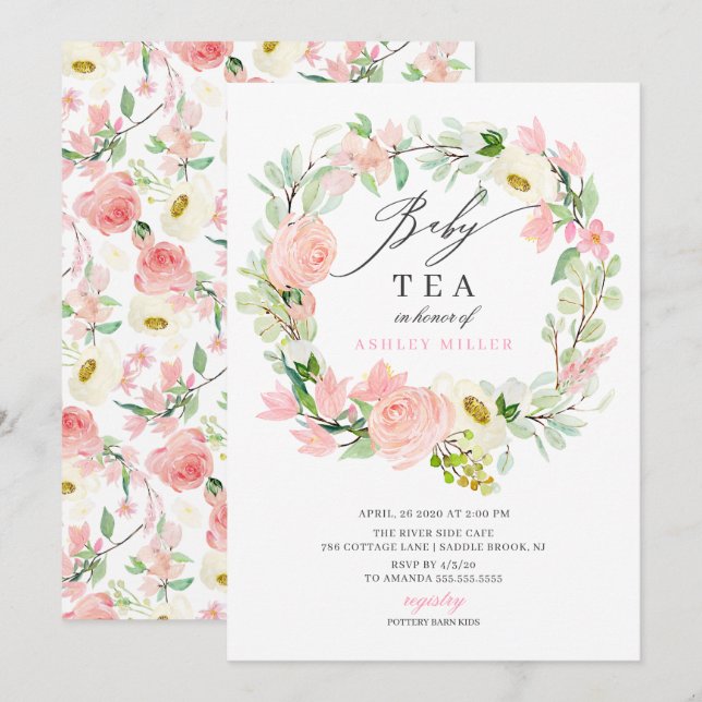 Aquarell Pink Peonies Blumenjungen Tee Einladung (Vorne/Hinten)