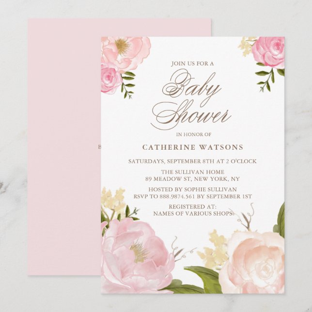 Aquarell Pink Peonies Kinderdusche Einladung (Vorne/Hinten)