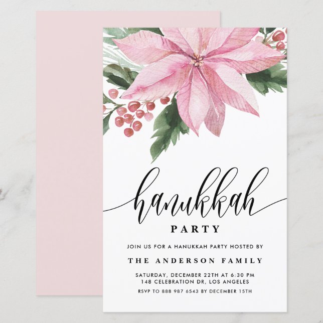 Aquarell Pink Poinsettia Hanukkah Einladung (Vorne/Hinten)
