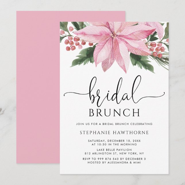 Aquarell Pink Poinsettia Winter Bridal Brunch Einladung (Vorne/Hinten)