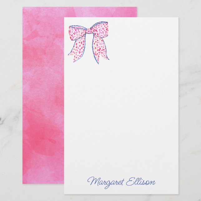 Aquarell Pink Polka Dot Bow Stationery Briefpapier (Vorne/Hinten)