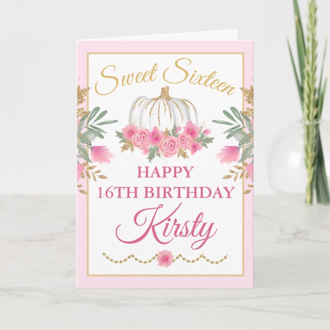 Aquarell Pink Pumpkin Gold Sweet 16 Geburtstag Karte (Vorderseite)