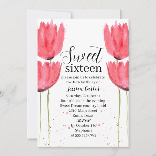 Aquarell Pink tulips Floral Sweet 16 Sechzehn Einladung (Vorderseite)