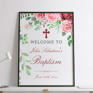 Aquarell-Pinkrosen-Garten Taufe-Willkommensschild Poster