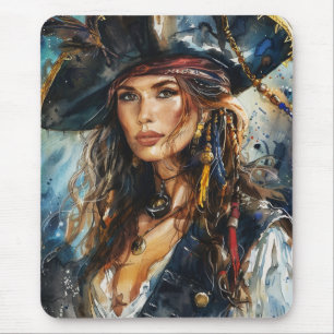 Aquarell-Pirat-Frauenporträt Mousepad