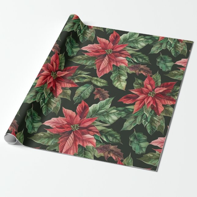 Aquarell Poinsettia Blume Weihnachtsmuster Geschenkpapier (Ungerollt)