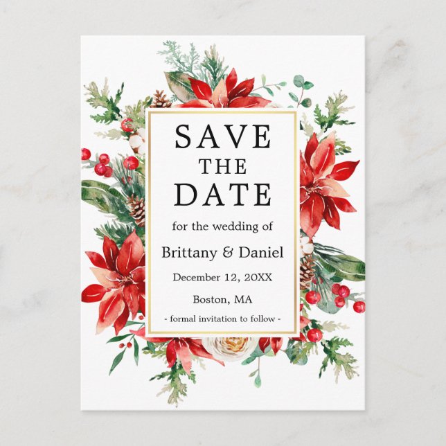 Aquarell Poinsettia Floral Save the Date Postkarte (Vorderseite)