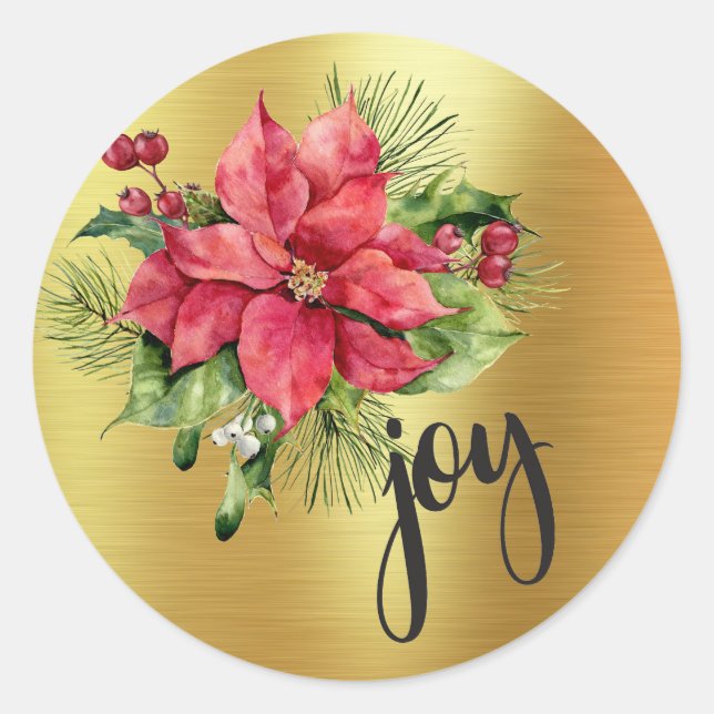 Aquarell Poinsettia - Joy - Goldener Hintergrund Runder Aufkleber (Vorderseite)