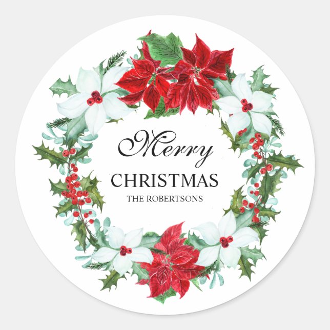 Aquarell-Poinsettia und Holly | Frohe Weihnachten Runder Aufkleber (Vorderseite)