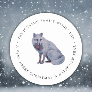 Aquarell-Polarfuchs Frohe Weihnachten Familienname Runder Aufkleber
