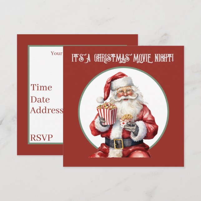 Aquarell Popcorn Santa Film Einladung (Vorne/Hinten)