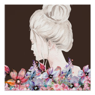 Aquarell-Porträt einer Frau mit Blumen Poster