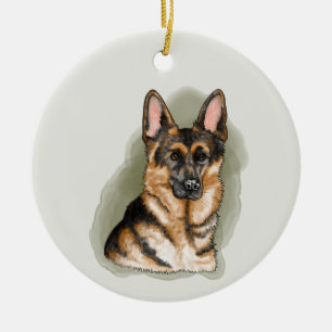 Aquarell-Porträt eines Deutschen Schäferhunds mit Keramik Ornament