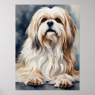 Aquarell-Porträt süßer Shih-Tzu-Hund in Pose Poster
