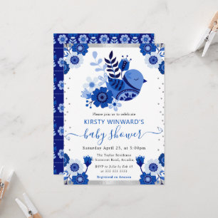 Aquarell Porzellan Blumen Vogel Babyparty Einladung