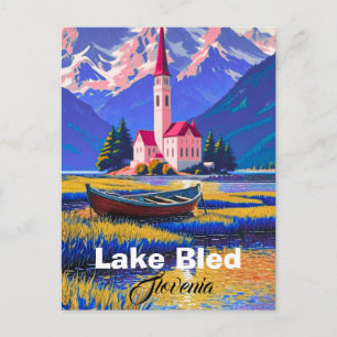Aquarell-Postkarte vom Bleder See, Slowenien Reise Postkarte