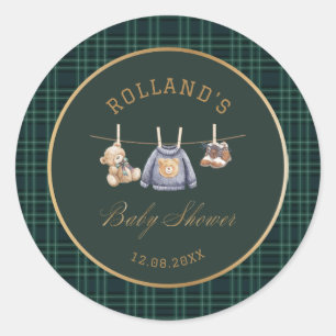 Aquarell-preppy-karierter Teddybär-Baby-Party Runder Aufkleber
