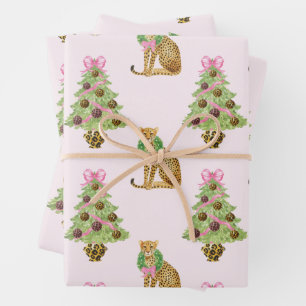 Aquarell-Preppy-Leopard-Weihnachtsbaum Geschenkpapier Set