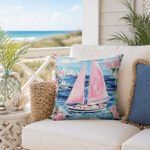 Aquarell Preppy Pink Sailboat Küste Blau Kissen