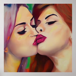 Aquarell Pride Zwei Frauen küssen sich Poster