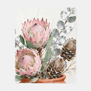 Aquarell-Protea-Eukalyptus-Arrangement Fleecedecke