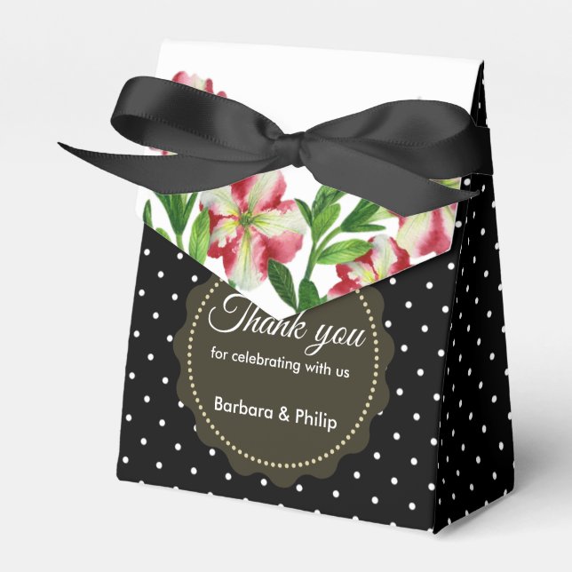 Aquarell Red Petunias Schwarz-weiß Polka Dots Geschenkschachtel (Vorderseite)