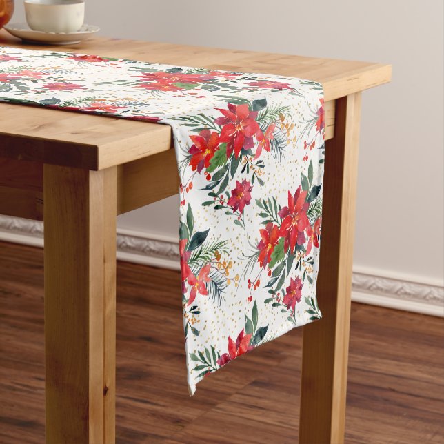 Aquarell Red Poinsettia Bouquet Holiday Pattern Mittelgroßer Tischläufer (Beispiel)