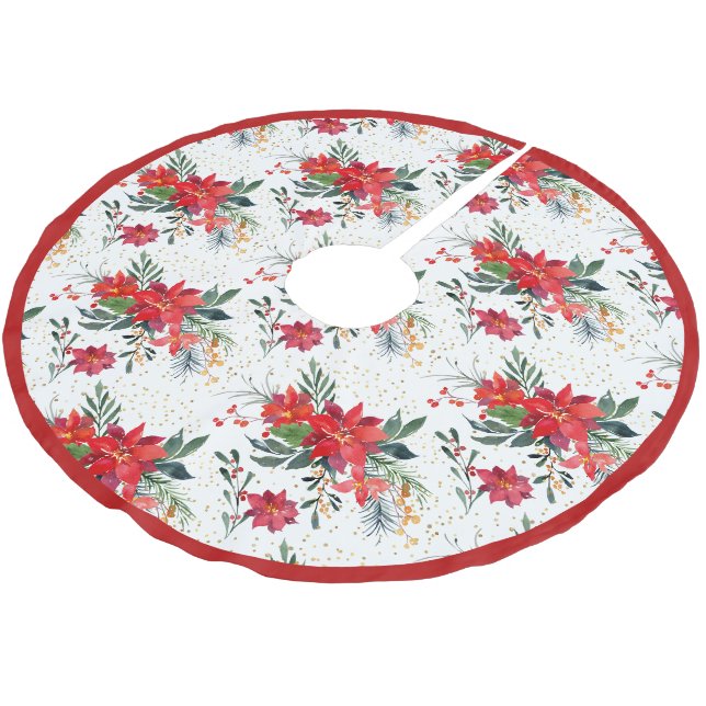 Aquarell Red Poinsettia Bouquet Weihnachten Polyester Weihnachtsbaumdecke (Schrägansicht)