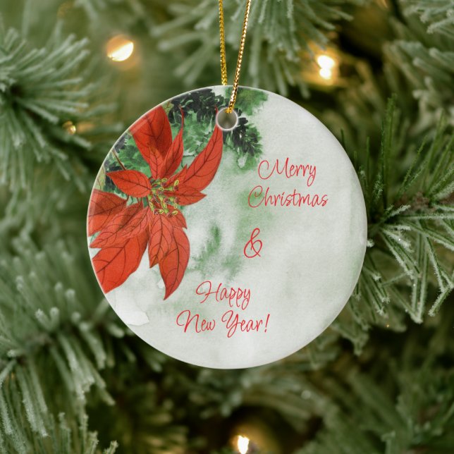 Aquarell Red Poinsettia Frohe Weihnachten Keramik Ornament (Baum)
