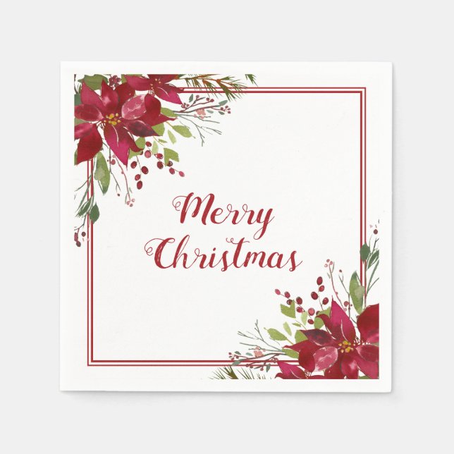 Aquarell Red Poinsettia Frohe Weihnachtsfeiertage Serviette (Vorderseite)