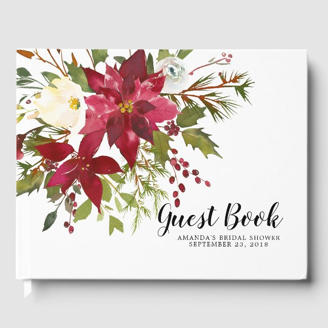 Aquarell Red Poinsettia Holly Brautparty Gästebuch (Vorderseite)
