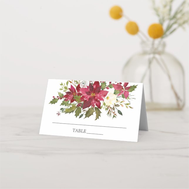 Aquarell Red Poinsettia Holly Brautparty Platzkarte (Vorderseite)