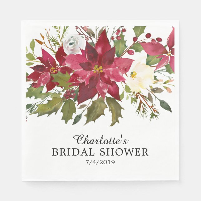 Aquarell Red Poinsettia Holly Brautparty Serviette (Vorderseite)