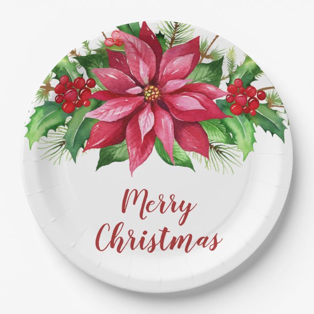 Aquarell Red Poinsettia Weihnachten Pappteller (Vorderseite)