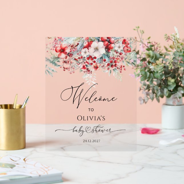 Aquarell Red Winter Floral Baby Dusche Willkommen Acrylschild (Hochzeit)