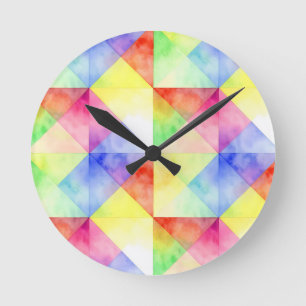Aquarell-Regenbogen-Diamant-Quilt-Muster Runde Wanduhr